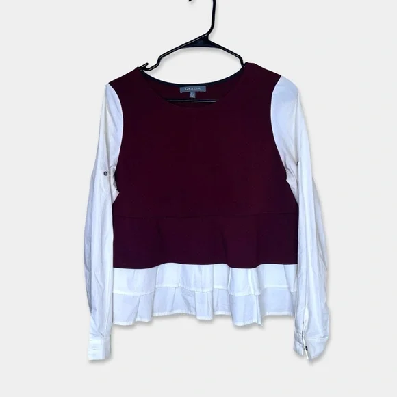 GRACIA Blouse Size S Maroon Ivory/Cream Academia Holiday Vibes Pre-Owned - Picture 1 of 3